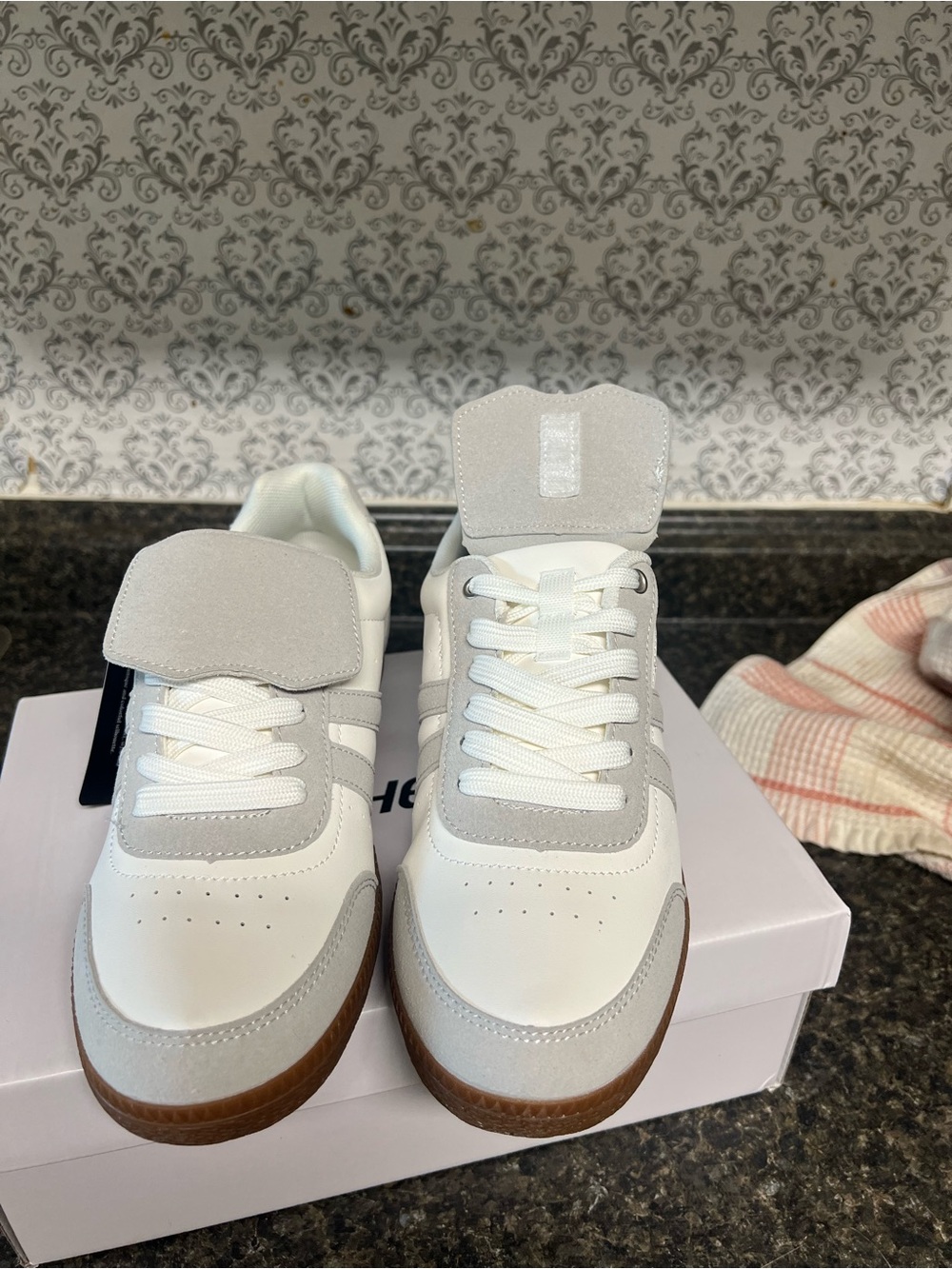 Kids White and Light Gray Sneakers with Gum Sole